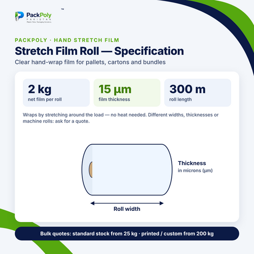 Stretch Film Roll – Rs 1,600, 2 kg Net, 15 Micron, 300 m